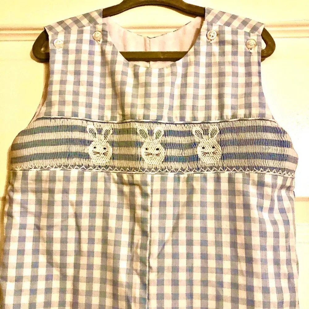 New CLASSIC WHIMSY Blue Gingham Embr Bunny Smocked Longall Romper 18M